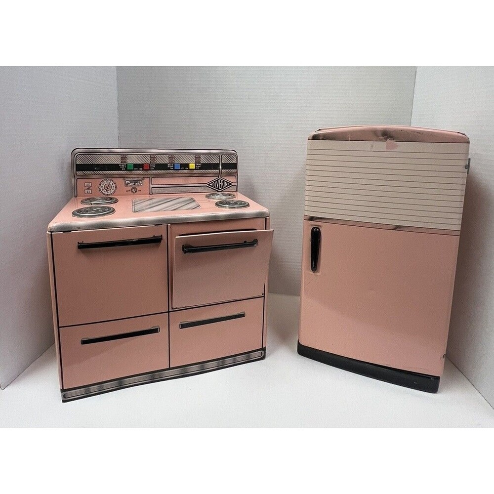 Vintage 50s Wolverine Company Pink Tin Play Kitchen Fridge and Stove